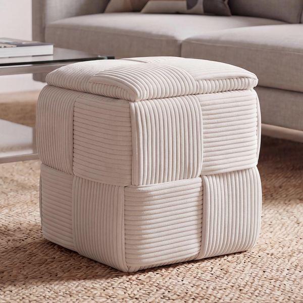 Hocker HWC-Q47, Sitzhocker Ottomane Polsterhocker Pouf, Deckel Staufach Stoff Cord (260g/m²) 43 x 40 x 40 cm ~ creme