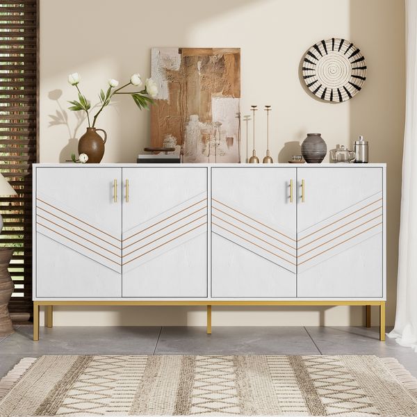 Merax Sideboard mit 4 Türen – Stilvolles Design in Weiß & Gold, MDF-Korpus mit Metallbeinen, große Kapazität, höhenverstellbare Regale