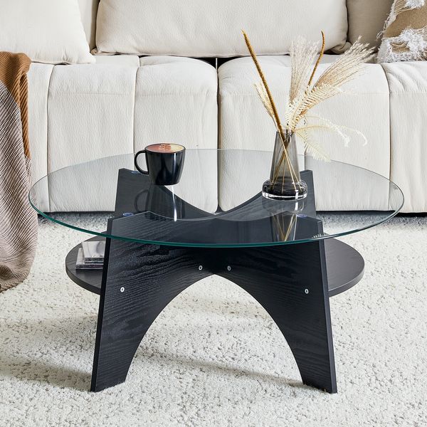 Runder Beistelltisch 80x80 x H 36 cm, Sicherheitsglas mit fächerförmigem MDF-Gestell in Schwarz