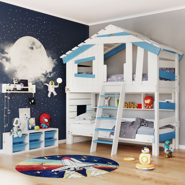 BIBEX ‘Alpin Chalet‘ Hochbett mit Unterbett und Regal und Türchen, massive Kiefer, weiss/blau, 90 x 200 cm