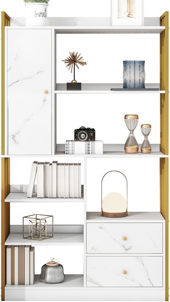 Flieks Bücherregal 100 x 30 x 173.5 cm, Industrial Regal mit Türen, Schubladen, 6 Ebenen, Metallrahmen, Gold/weiß