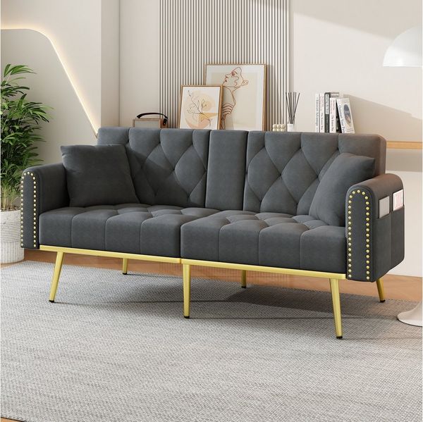 Merax Schlafsofa mit 3 verstellbaren Neigungswinkeln & ausklappbarer Liegefunktion, 2 sitzer Klappsofa Polstersofa mit bettfunktion 1 Teile, Sofa klappbar mit Getränkehalter, Zierkissen & Seitentasche, Samtbezug