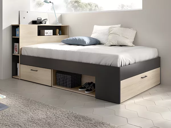 Vente-unique - LEANDRE Bett Holz, Platte GrauBeige - B 129,6 cm x H 95 cm x L 217,3 cm