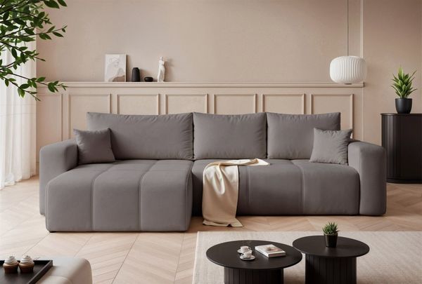 Ecksofa Schlafsofa Sofa LEROS XL in Stoff Manila Grau Ottomane Links