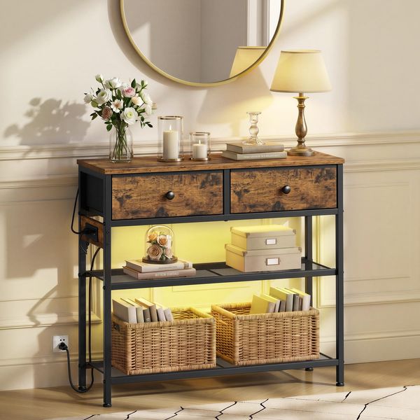 SONGMICS BELLAH Kollektion - Konsolentisch mit Steckdose, Sofatisch schmal, Flurtisch mit LED-Beleuchtung, Wohnzimmer, Flur, 30 x 76,7 x 78,7 cm, 2 Stoffschubladen, vintagebraun LGS175K102