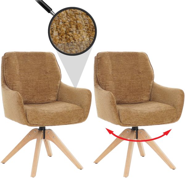 2er-Set Esszimmerstuhl HWC-Q37, Küchenstuhl drehbar Auto-Return, Stoff (680g/m²) Chenille Öko-Tex Holz MVG ~ senfgelb