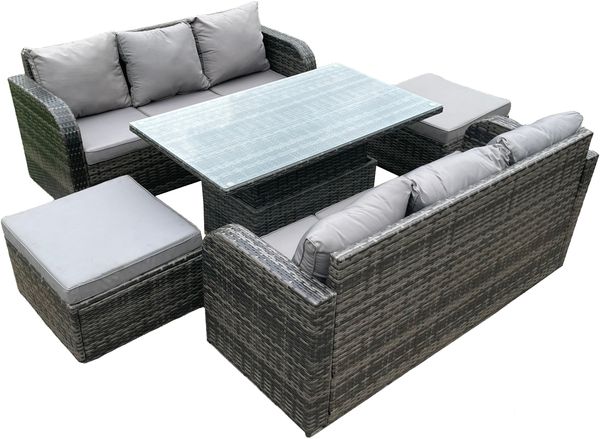Fimous Outdoor Rattan Gartenmöbel Sets Höhenverstellbare aufsteigende Esstisch Sofa Set mit 2 Big Foothocker 8 Sitzer Dunkelgrau gemischt