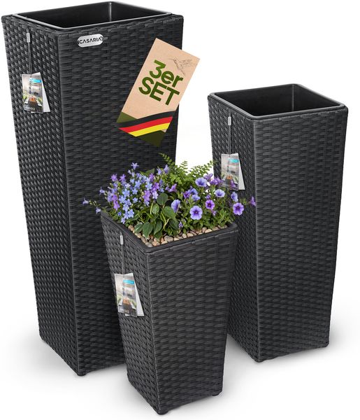 Casaria Poly Rattan Blumentopf mit Wasserabfluss Schwarz - 3er Set