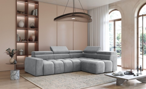 Ecksofa Designersofa DARCY in Stoff Salvador Hellgrau Ottomane Rechts
