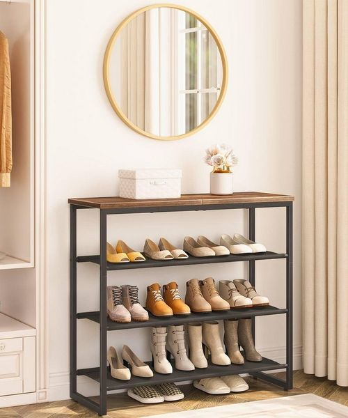 Hoobro Schuhregal 4-stufig, Metallgestell & 3 Oxford-Ablagen + Holzpaneel, Platz für 12–16 Paar Schuhe, Belüftetes Design, Ideal für Flur, Eingangsbereich, Industrieller Stil