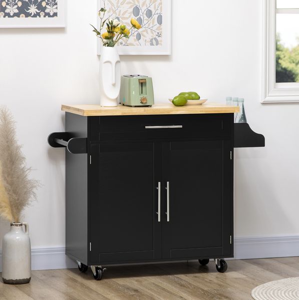 Küchenwagen 109 x 40 x 89 cm mit Arbeitsplatte, Gewürzregal und Handtuchhalter – schwarz