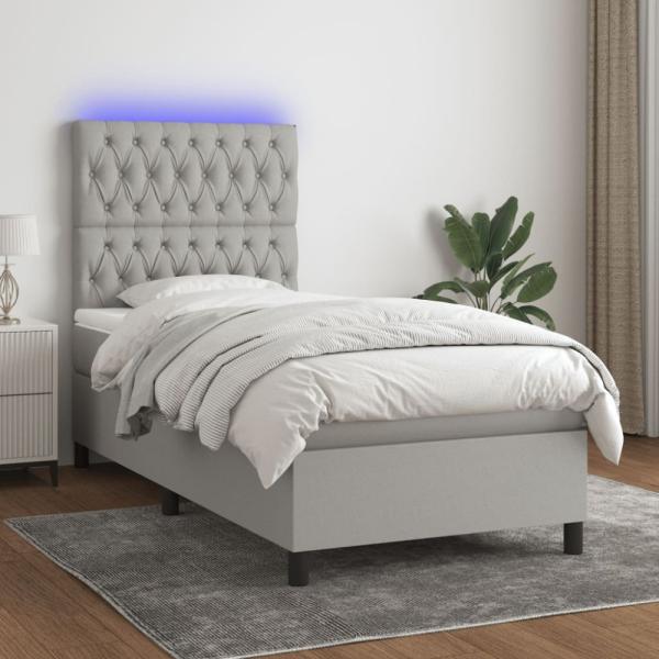 Boxspringbett mit Matratze & LED Stoff Hellgrau 90 x 200 cm, Härtegrad: H2 [3135085]