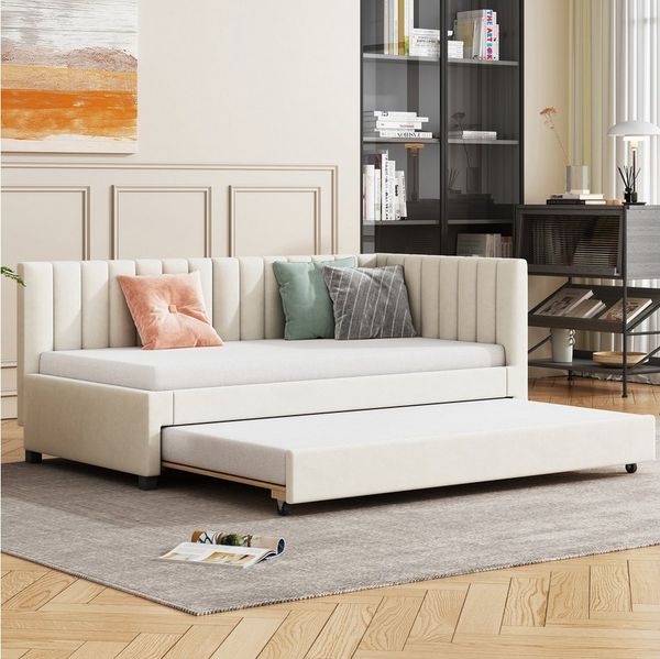 Odikalo Ausziehbett Schlafsofa Polsterbett Jugendbett Lattenrost 90/140x200cm Grau/Beige