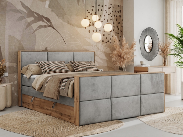 Doppelbett, Boxspringbett mit zwei Multipocket-Matratzen und ein Topper, Bettkästen, Eiche Wotan Holzrahmen, genähtes Kopfteil und Front - ALBERO 2 KING DUO - 180 x 200 cm - Hellgrau Velours - H4