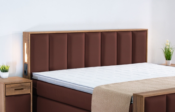 Meisterbetten Boxspringbett Sely mit Holzdekor Eiche Cognac 100x200 in LM-Hellbraun, Matratzenbezug Nano, Midisoft-Topper Bild 4