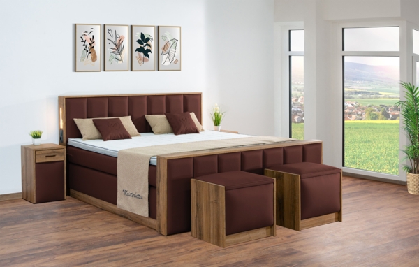 Meisterbetten Boxspringbett Sely mit Holzdekor Eiche Cognac 100x200 in LM-Hellbraun, Matratzenbezug Nano, Midisoft-Topper Bild 3