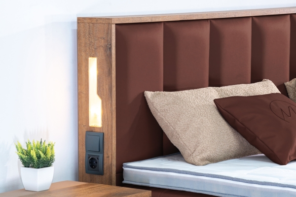 Meisterbetten Boxspringbett Sely mit Holzdekor Eiche Cognac 100x200 in LM-Hellbraun, Matratzenbezug Nano, Midisoft-Topper Bild 5