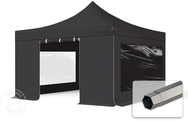 4x4 m Faltpavillon, PREMIUM Stahl 40mm, feuersicher, Seitenteile mit Panoramafenstern, schwarz