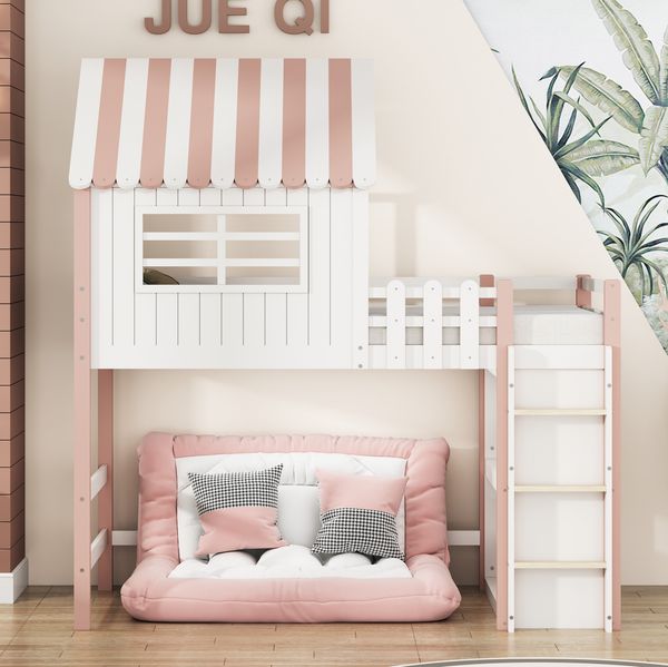 Hausbett Rosa Mit Dachdesign 90x200 Massivholz Sicherheitsgitter 120kg Tragkraft Etagenbett Kinderzimmer Spielbett Eisdielen Design