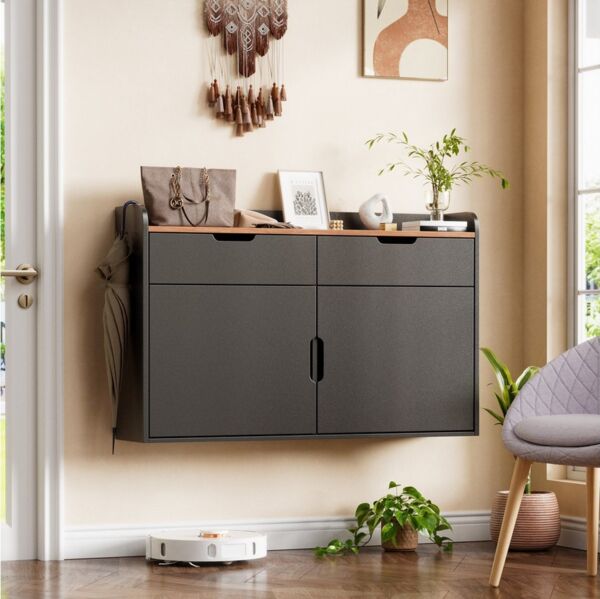 TWSOUL Hängeschuhschrank Schuhschrank für schmale Flure, 2 Schubladen & 4 verstellbaren Böden 100 x 63 x 22 cm, für Eingang, Wohnzimmer, Flur, Platzsparender