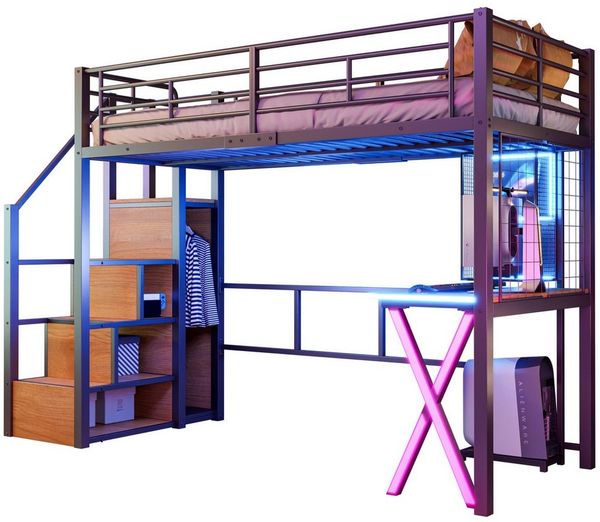 TavilaEcon Hochbett mit Ambientelicht, Ablageleiter, Schreibtisch & Kleiderschrank (Ohne Matratze) Kinderbett Jugendbett, 90x200 cm