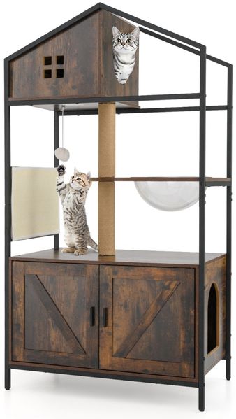 Kratzbaum mit Katzenklo Schrank Katzenschrank für Katzentoilette Katzenbaum mit Katzenhaus Braun