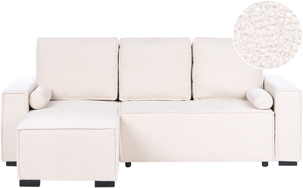Eckschlafsofa 3-Sitzer EDANE Bouclé Cremeweiß mit Stauraum rechtsseitig