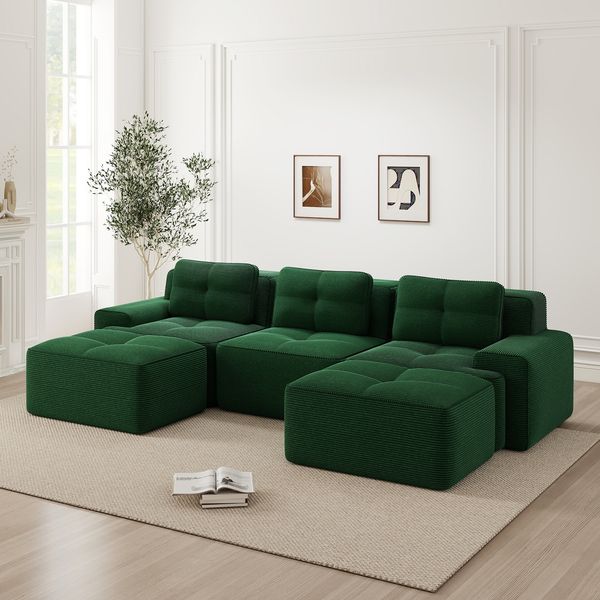 3-Sitzer Modulsofa H 69 x T 293 x B 177 cm aus Cord in Grün mit 74 cm Sitztiefe, rahmenloses Design