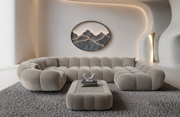 Sofa Dreams Wohnlandschaft Maleron U Form Design Stoffsofa, Stoff Polsterecke, 6-Sitzer, Ottomane rechts, Samtstoff Sand