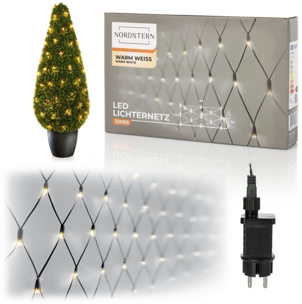 Nordstern LED-Lichterkette WarmWeiß von 24 bis 1.200 LED Weihnachtsdeko für Innen und Außen, Lichternetz mit Stecker 320 LED - 3x1,5 m für Weihnachtsbaum/Sträucher