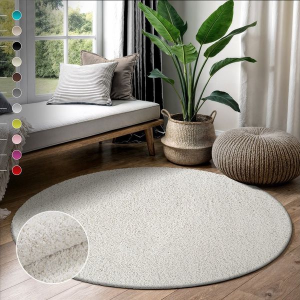 SANAT Teppich Rund - Creme Hochflor, Langflor Modern Teppiche fürs Wohnzimmer, Schlafzimmer, Esszimmer oder Kinderzimmer, Größe: 150x150 cm