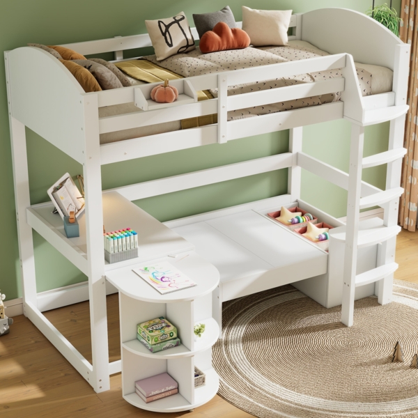 Merax Hochbett, Etagenbett Kinderbett 90*200cm, Multifunktionales, mit eine Leiter, mit ausziehbarem Tisch, Sofa mit Stauraum und mit drei Kissen und Polster, mit Lagerregale, Weiß