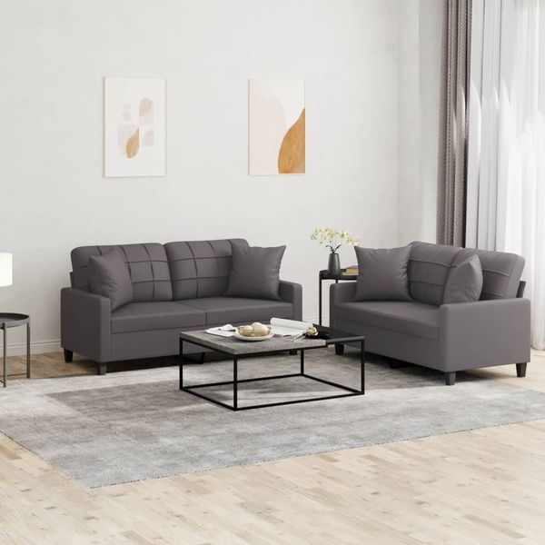 vidaXL 2-tlg. Sofagarnitur mit Kissen Grau Kunstleder 3201370