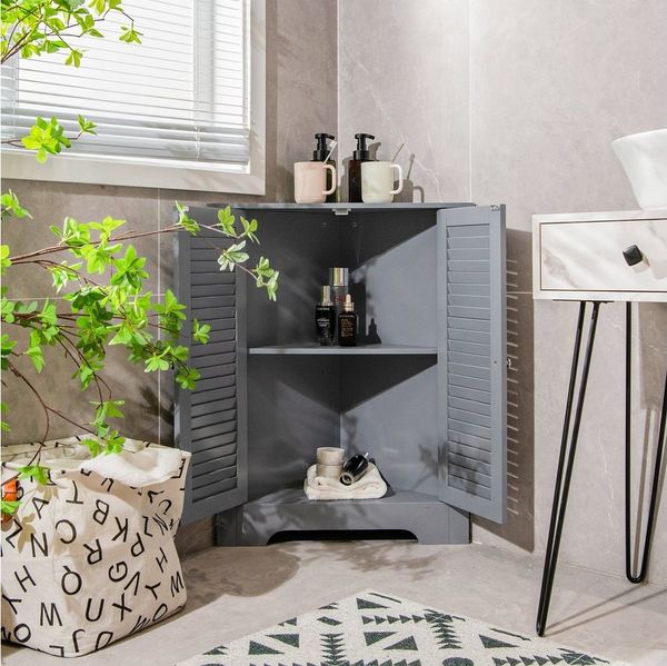 COSTWAY Eckschrank Lamellentür mit höhenverstellbarem Regal, Bodenschrank für Badezimmer, Eingangsbereich, Wohnzimmer (Grau)