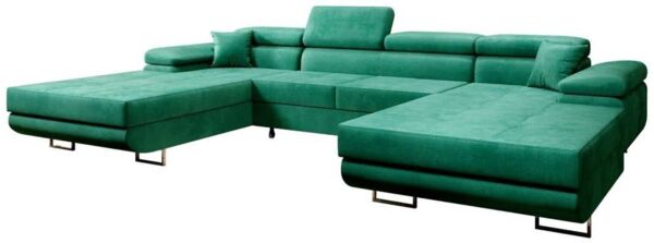 Designer Sofa Calvera U mit Schlaf- und Klappfunktion (Samt) Grün Samt