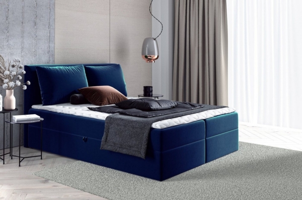 Boxspringbett Egro mit 2 Bettkästen und Zwei große Kissen - Doppelbett mit Bonell-Matratze und Topper, Polsterbett (Dunkelblau (Kronos 09), 160 x 200 cm)