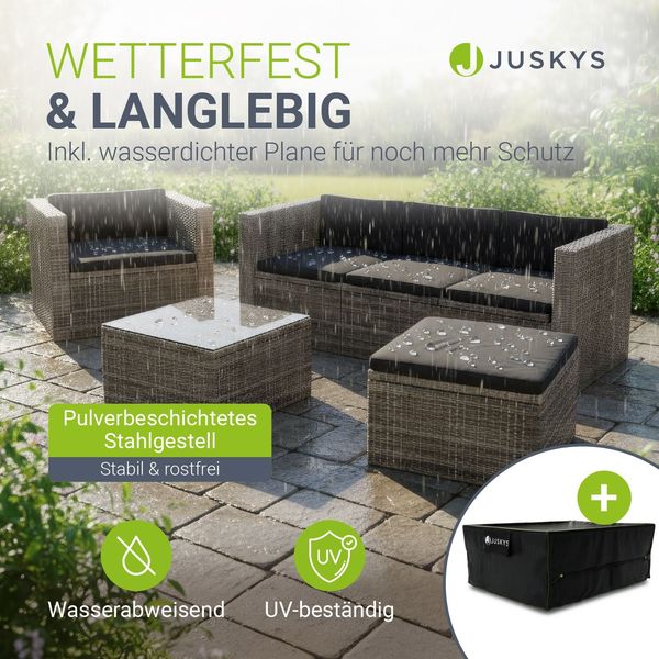 Juskys Polyrattan Lounge Punta Cana L grau-meliert inkl. Abdeckung – Gartenlounge für 4-5 Personen – Sitzgruppe mit Sessel, Sofa, Tisch & Hocker - Sitzbezüge Grau Bild 2