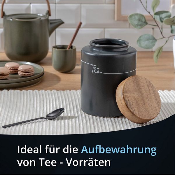 KHG Vorratsdose Tee aus Steinzeug mit Akazienholz‑Deckel – luftdicht & dekorativ, Steingut, Aufbewahrungsdose für Tee – schützt Aroma da luftdicht verschließbar
