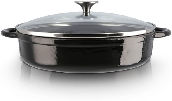 MEISTERKOCH Premium Servierpfanne | 28 cm, 3,5 l Volumen | Profi-Pfanne aus emailliertem Gusseisen induktionsgeeignet, spülmaschinengeeignet | für alle Herdarten und Ofen geeignet