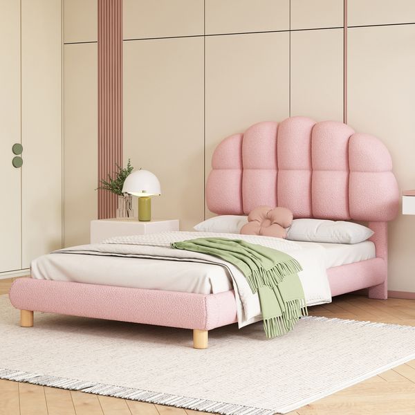 Polsterbett 90x200cm Kinderbett Jugendbett mit gepolstertem Halbkreis-Kopfteil, weiches Kreisvlies,Rosa