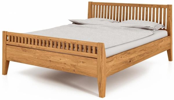 Bett Sydo 2 aus Wildeiche massiv 90x200 cm mit Holzkopfteil und hohem Fußteil