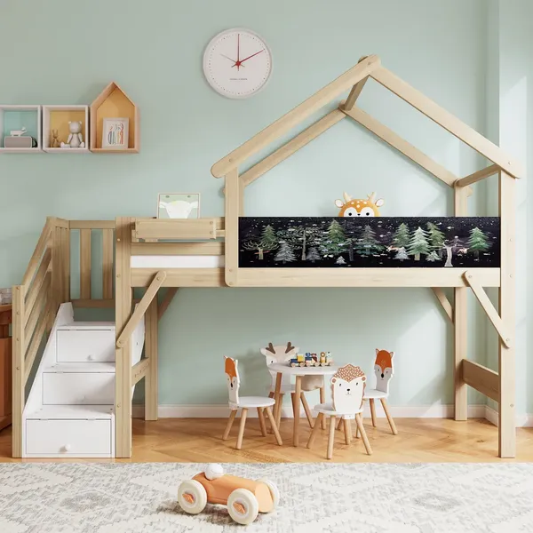 Hochbett mit Aufbewahrungsbox, Lattenrost, Treppe und Rausfallschutz, 90x200 cm, Kinderbett, Kiefer