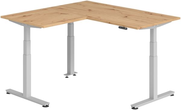 bümö Eckschreibtisch elektrisch höhenverstellbar L-Form: 160 x 160 cm in Asteiche, Gestell silber - Stehschreibtisch mit Memory-Steuerung, elektrischer XXL Schreibtisch für die Ecke, XDSMW-1608-R-S