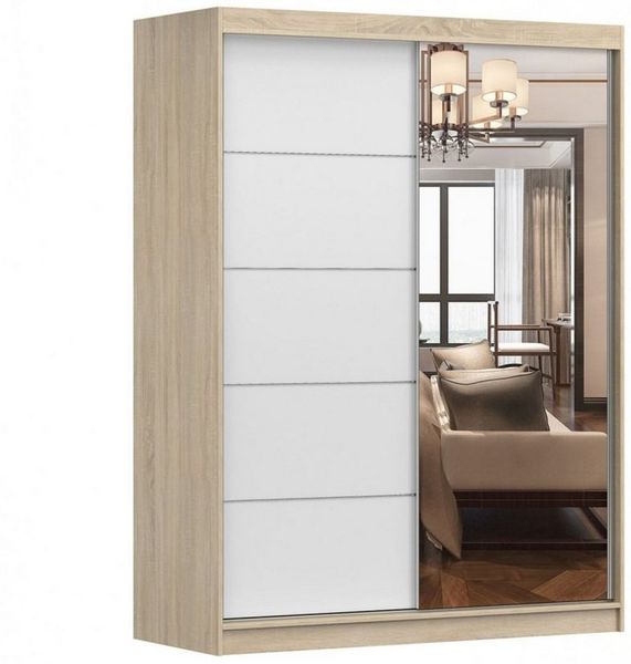 MOEBLO Kleiderschrank LARA 05 (mit Spiegel Schwebetürenschrank 2-türig Schrank mit vielen Einlegeböden und Kleiderstange, Gaderobe Schiebtüren Schlafzimmer-Wohnzimmerschrank Modern Design), (BxHxT): 150x200x61 cm