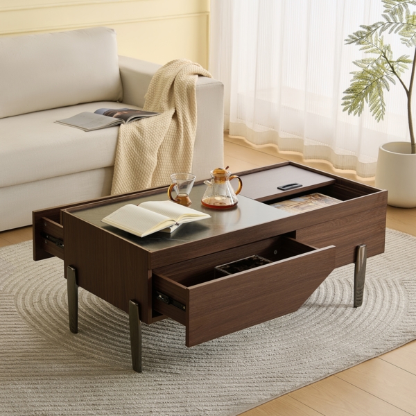 Merax Couchtisch mit Schubladen & Glasplatte – Dunkelbraunes Holzdesign, Holzmaserung in Marmoptik, Metallbeine & viel Stauraum für Wohnzimmer