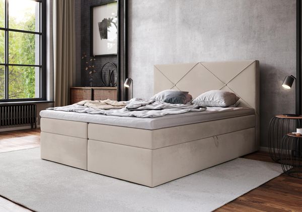 AX LIVING Boxspringbett 140x200 Bratton Beige Samt Bettkasten Topper