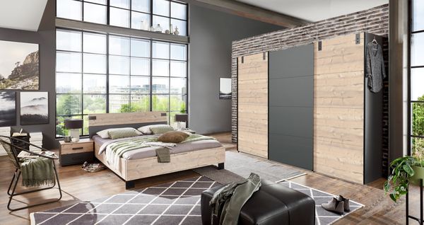 Schlafzimmer Malmö in Silver Fir und Grafit Komplett Set mit Schwebetürenschrank und 180er Doppelbett in verschiedenen Varianten wählbar - 4 teilig , Schwebetürenschrank Breite 270cm ohne Spiegel + Futonbett + 1 Paar Nachttische