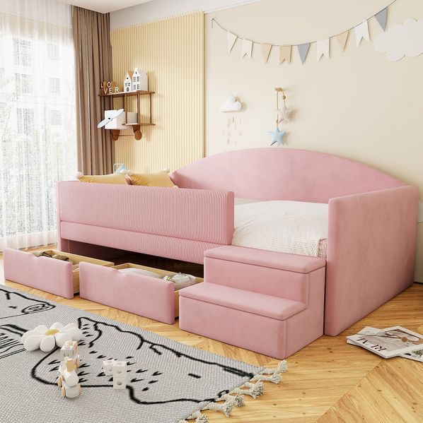 Kinderbett Samt mit 2 Schubladen, Schutzbügel & Stufen, 90x190 cm, Rosa, ohne Matratze