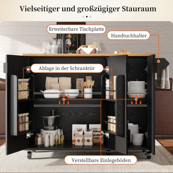 i@home Küchenwagen ausziehbarer Kücheninsel mit Holzmaserung, 130x45(75)x92cm, mit Handtuchhalter, Gewürzregal und verstellbare Ablagen, weiß/schwarz Bild 3