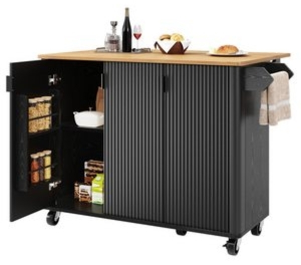 i@home Küchenwagen ausziehbarer Kücheninsel mit Holzmaserung, 130x45(75)x92cm, mit Handtuchhalter, Gewürzregal und verstellbare Ablagen, weiß/schwarz Bild 6